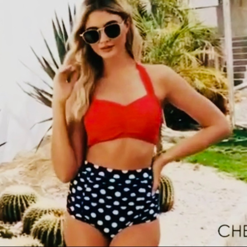 Cherry Creek Retro 50's Red Bikini Top with Polka Dot High-Waisted Bottoms